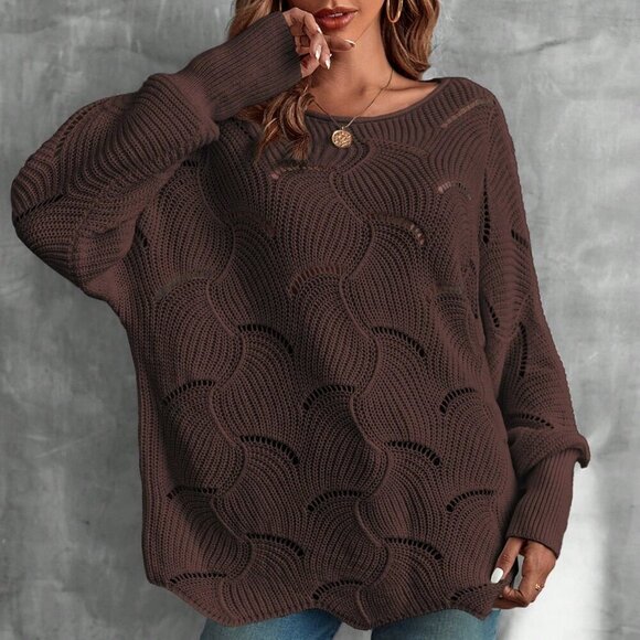 Brown Casual Womens Lantern Sleeve Pointelle Knit Pullover Sweater - Picture 4 of 7